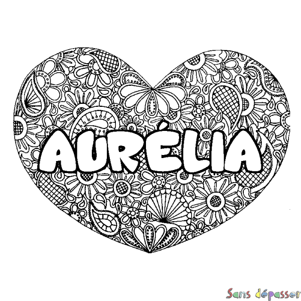 Coloriage prénom AUR&Eacute;LIA - d&eacute;cor Mandala coeur