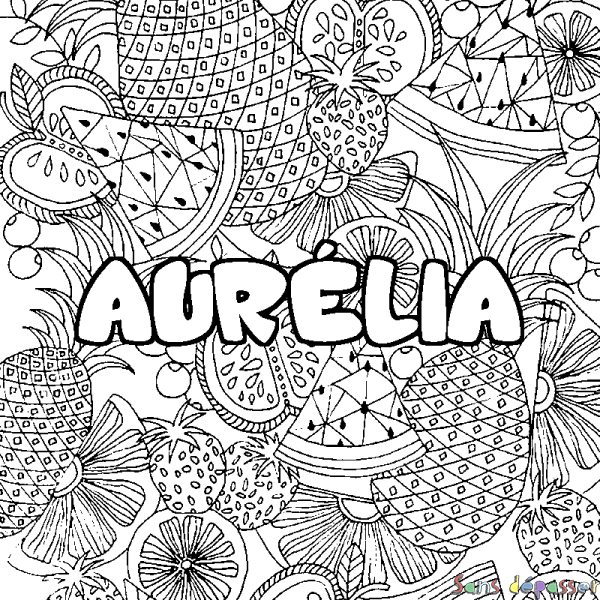 Coloriage prénom AUR&Eacute;LIA - d&eacute;cor Mandala fruits