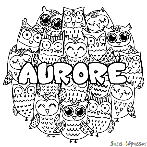 Coloriage prénom AURORE - d&eacute;cor Chouettes