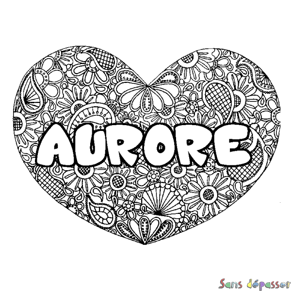 Coloriage prénom AURORE - d&eacute;cor Mandala coeur