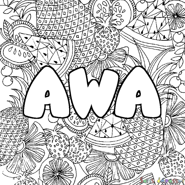 Coloriage prénom AWA - d&eacute;cor Mandala fruits