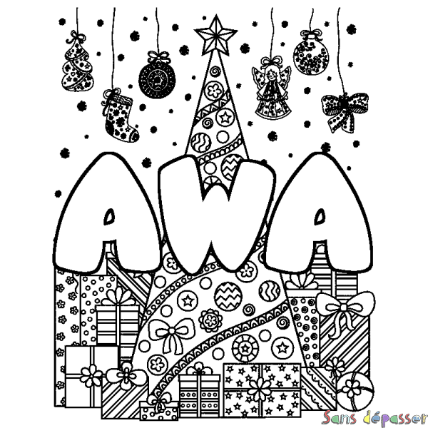 Coloriage prénom AWA - d&eacute;cor Sapin et Cadeaux