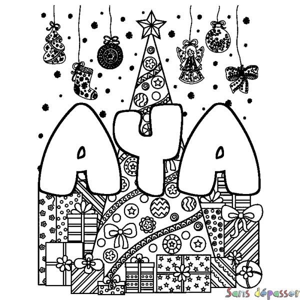 Coloriage prénom AYA - d&eacute;cor Sapin et Cadeaux