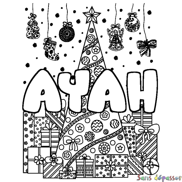 Coloriage prénom AYAH - d&eacute;cor Sapin et Cadeaux