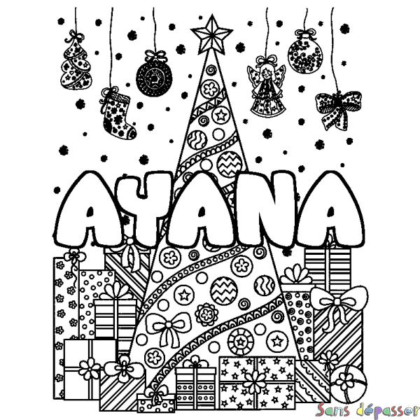 Coloriage prénom AYANA - d&eacute;cor Sapin et Cadeaux