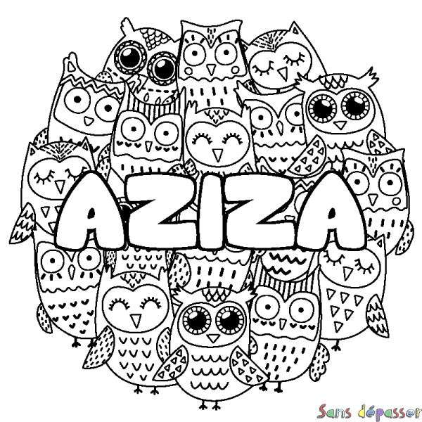 Coloriage prénom AZIZA - d&eacute;cor Chouettes