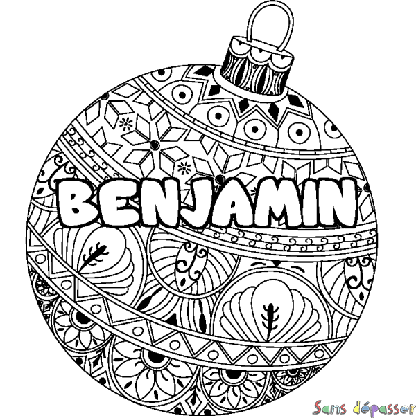 Coloriage prénom BENJAMIN - décor Boule de Noel - Sans Dépasser