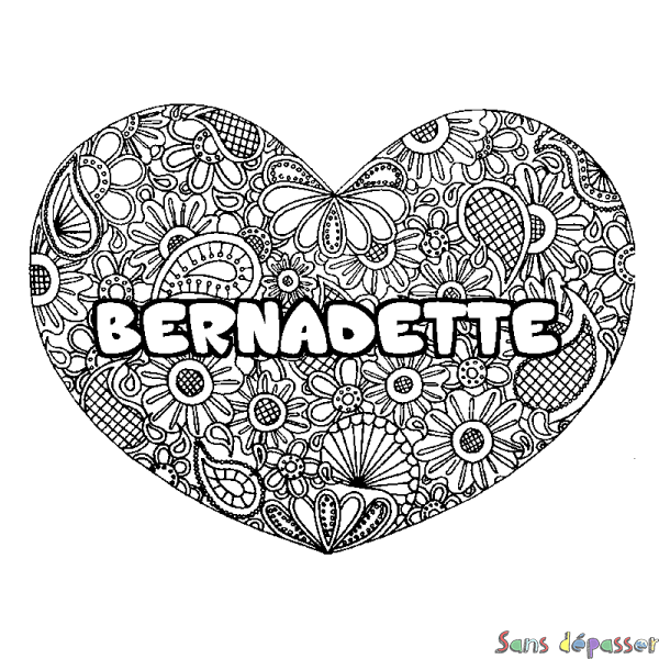 Coloriage prénom BERNADETTE - d&eacute;cor Mandala coeur