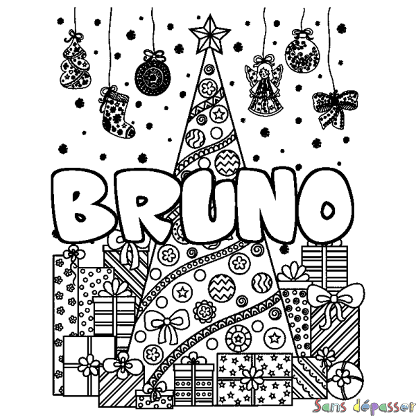 Coloriage prénom BRUNO - d&eacute;cor Sapin et Cadeaux