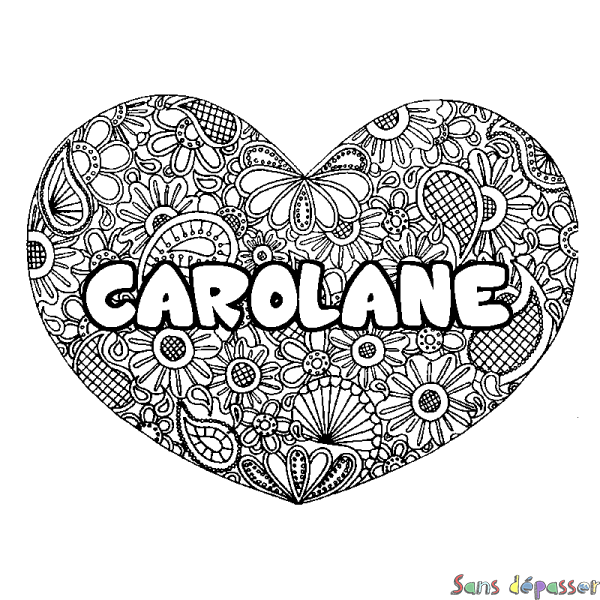 Coloriage prénom CAROLANE - d&eacute;cor Mandala coeur