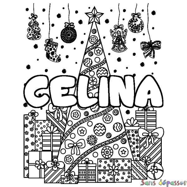 Coloriage prénom CELINA - d&eacute;cor Sapin et Cadeaux