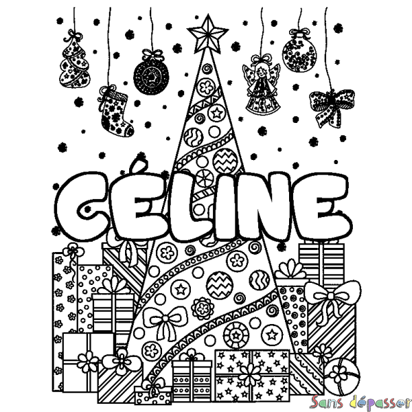 Coloriage prénom C&Eacute;LINE - d&eacute;cor Sapin et Cadeaux