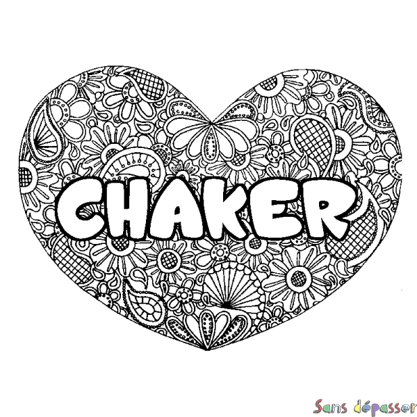 Coloriage prénom CHAKER - d&eacute;cor Mandala coeur