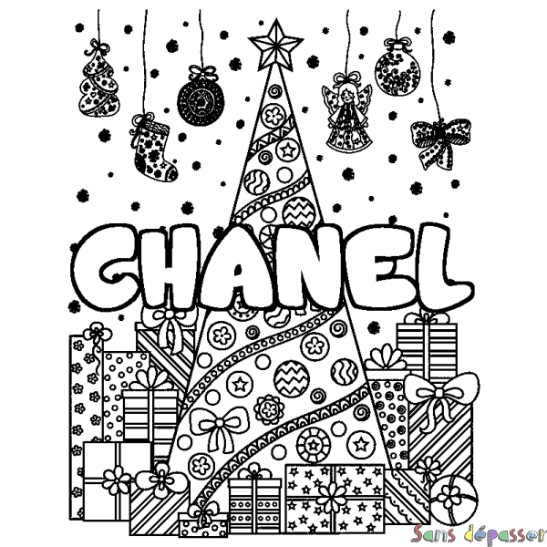 Coloriage prénom CHANEL - d&eacute;cor Sapin et Cadeaux