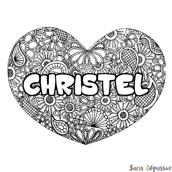 Coloriage prénom CHRISTEL - d&eacute;cor Mandala coeur