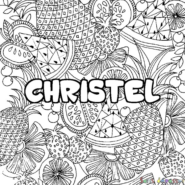 Coloriage prénom CHRISTEL - d&eacute;cor Mandala fruits