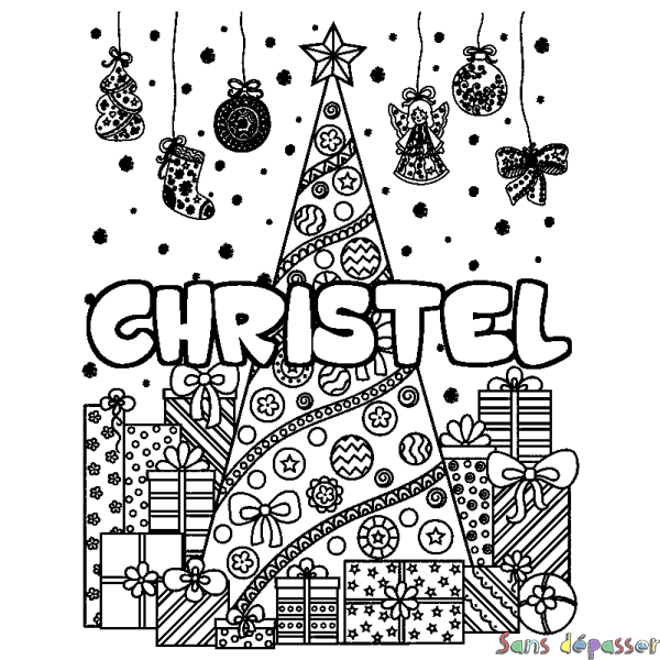 Coloriage prénom CHRISTEL - d&eacute;cor Sapin et Cadeaux