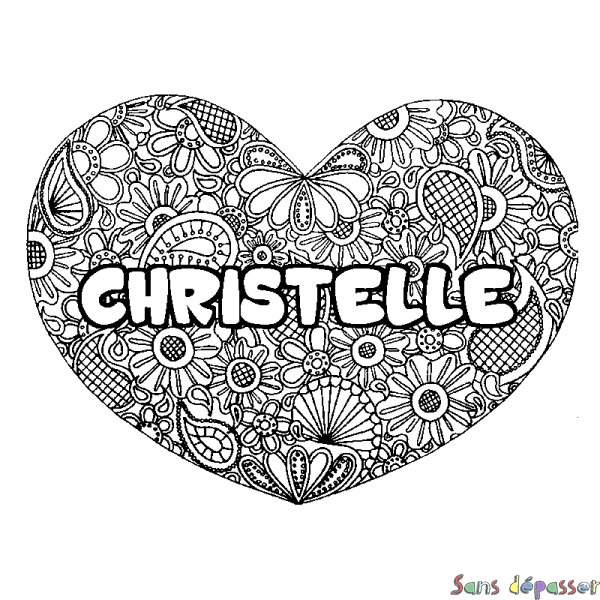 Coloriage prénom CHRISTELLE - d&eacute;cor Mandala coeur