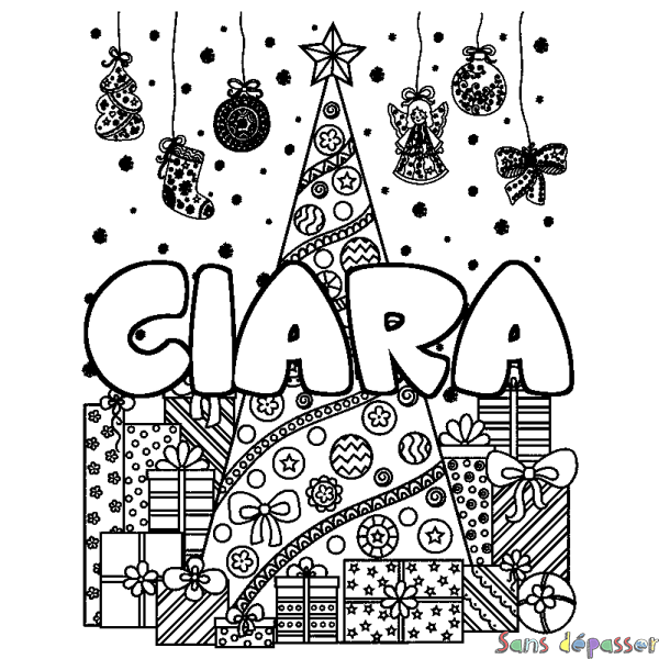 Coloriage prénom CIARA - d&eacute;cor Sapin et Cadeaux