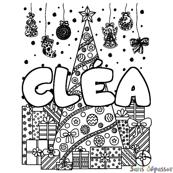 Coloriage prénom CL&Eacute;A - d&eacute;cor Sapin et Cadeaux