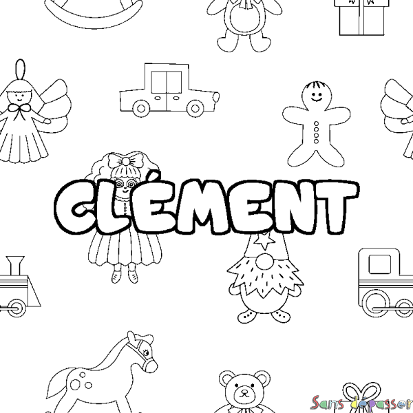 Coloriage prénom CLÉMENT - décor Jouets - Sans Dépasser
