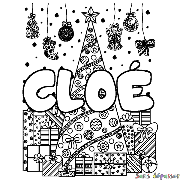 Coloriage prénom CLO&Eacute; - d&eacute;cor Sapin et Cadeaux