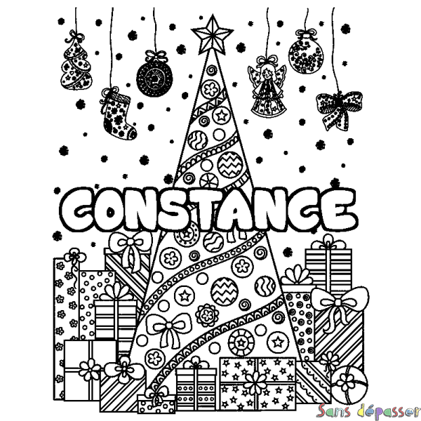 Coloriage prénom CONSTANCE - d&eacute;cor Sapin et Cadeaux