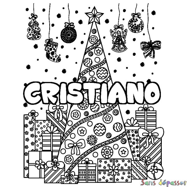 Coloriage prénom CRISTIANO - d&eacute;cor Sapin et Cadeaux