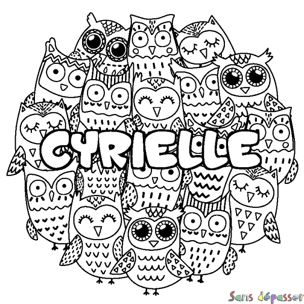 Coloriage prénom CYRIELLE - d&eacute;cor Chouettes