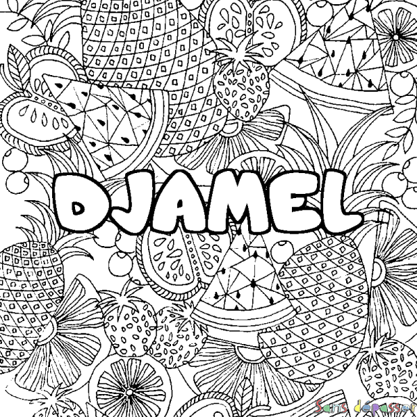 Coloriage prénom DJAMEL - d&eacute;cor Mandala fruits