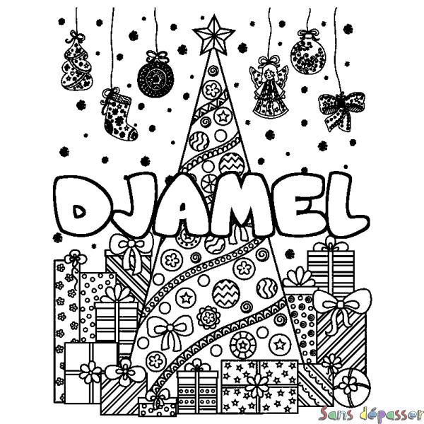 Coloriage prénom DJAMEL - d&eacute;cor Sapin et Cadeaux