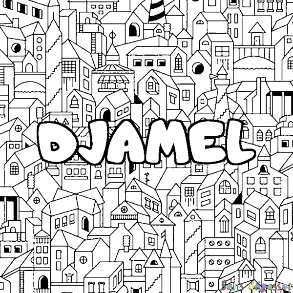 Coloriage prénom DJAMEL - d&eacute;cor Ville