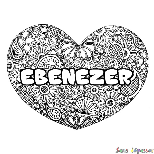 Coloriage prénom EBENEZER - d&eacute;cor Mandala coeur