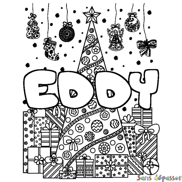 Coloriage prénom EDDY - d&eacute;cor Sapin et Cadeaux