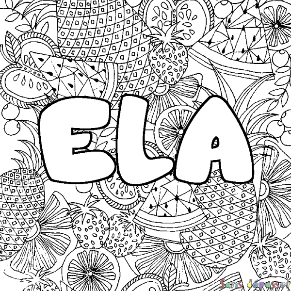 Coloriage prénom ELA - d&eacute;cor Mandala fruits