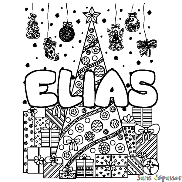 Coloriage prénom ELIAS - d&eacute;cor Sapin et Cadeaux