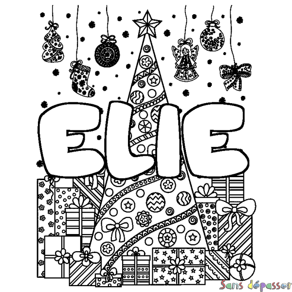 Coloriage prénom ELIE - d&eacute;cor Sapin et Cadeaux