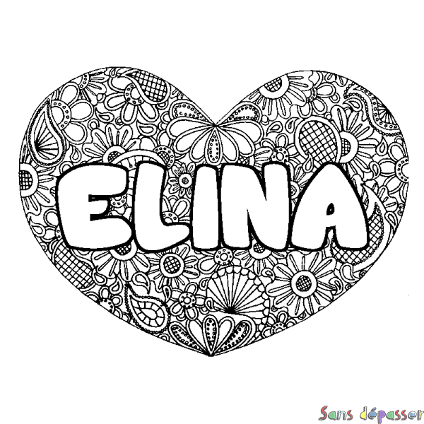 Coloriage prénom ELINA - d&eacute;cor Mandala coeur