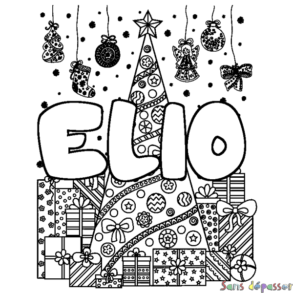 Coloriage prénom ELIO - d&eacute;cor Sapin et Cadeaux