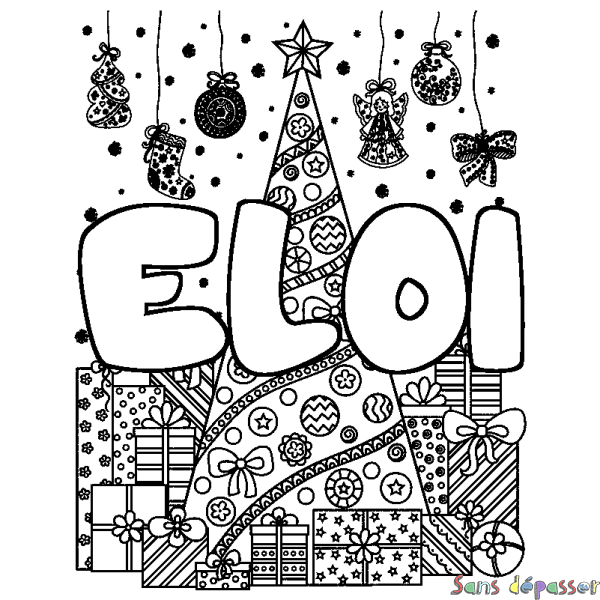 Coloriage prénom ELOI - d&eacute;cor Sapin et Cadeaux