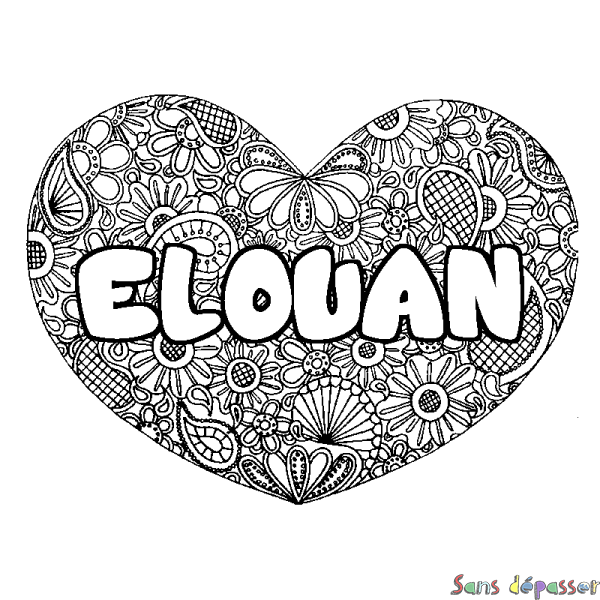 Coloriage prénom ELOUAN - d&eacute;cor Mandala coeur