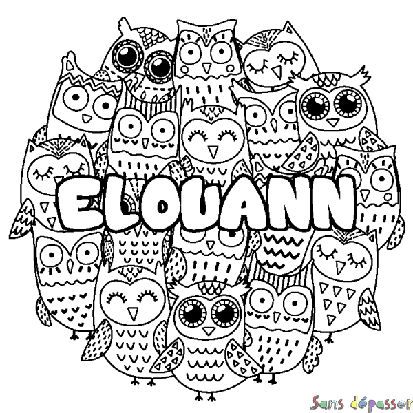 Coloriage prénom ELOUANN - d&eacute;cor Chouettes