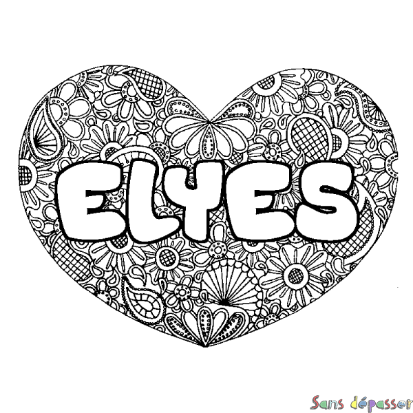 Coloriage prénom ELYES - d&eacute;cor Mandala coeur