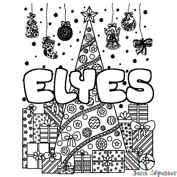 Coloriage prénom ELYES - d&eacute;cor Sapin et Cadeaux