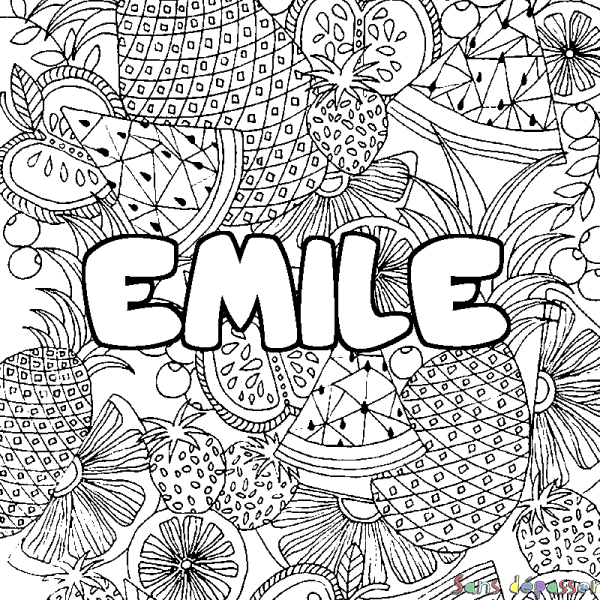 Coloriage prénom EMILE - d&eacute;cor Mandala fruits