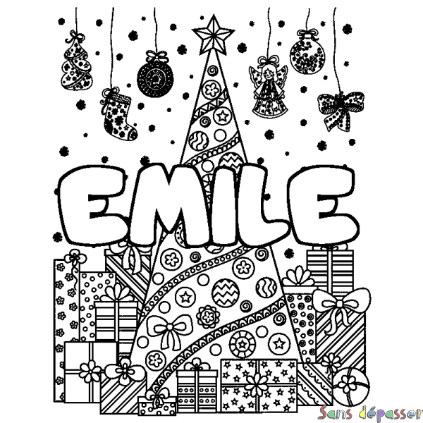 Coloriage prénom EMILE - d&eacute;cor Sapin et Cadeaux