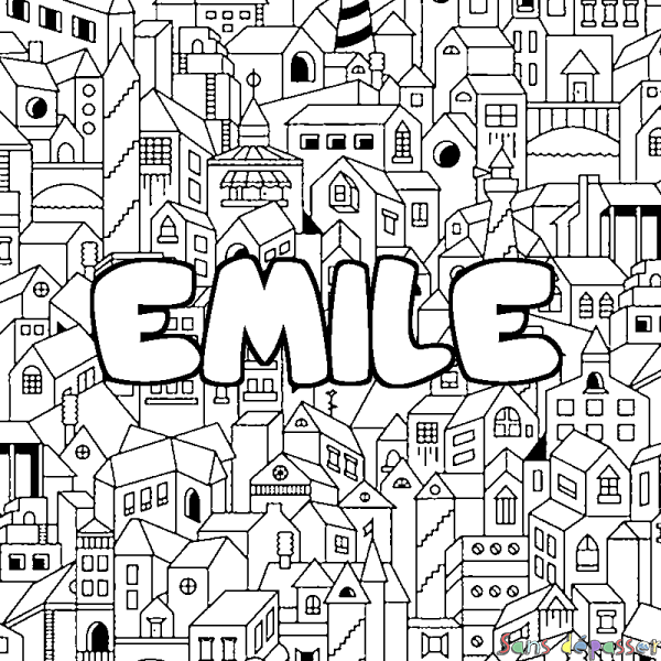 Coloriage prénom EMILE - d&eacute;cor Ville