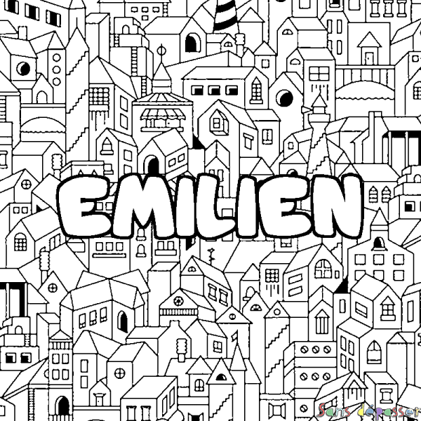 Coloriage prénom EMILIEN - d&eacute;cor Ville