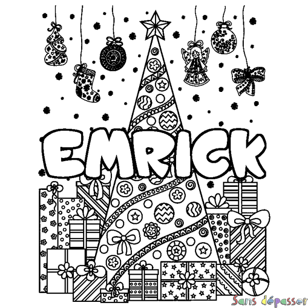 Coloriage prénom EMRICK - d&eacute;cor Sapin et Cadeaux