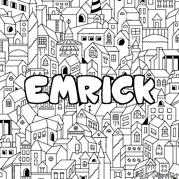 Coloriage prénom EMRICK - d&eacute;cor Ville